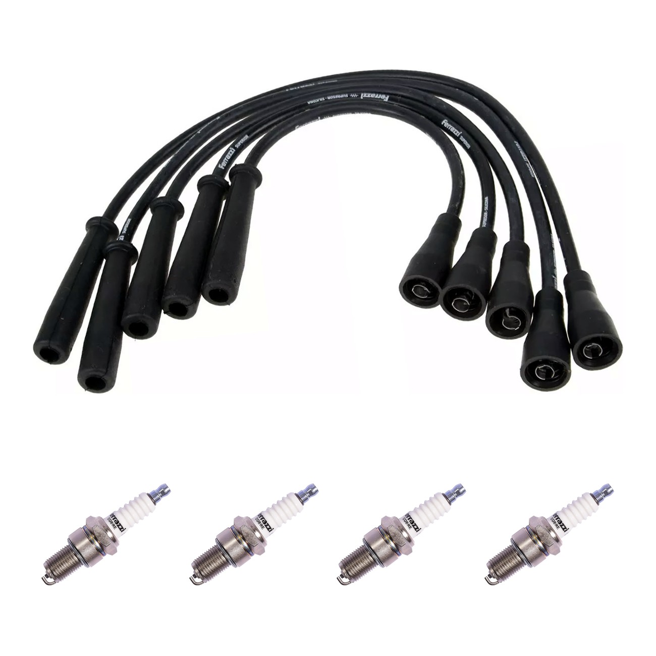 Kit Cables Y Bujias Ferrazzi Basic Fiat 128 1.1 Brio 1.1 Duna 1.3 Europa 1.1 Regatta 1.5 Super Europa 1.3 Uno 1.3 Negro