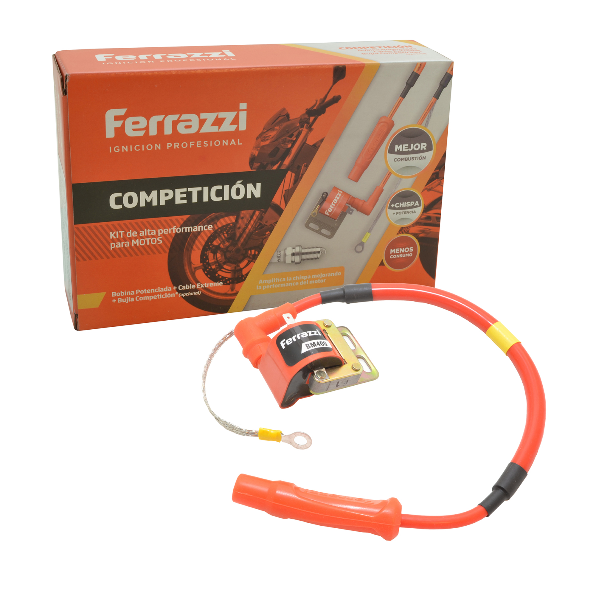 Kit Cable Y Bobina Competicion Extreme Moto Mas Chispa Recto Naranja