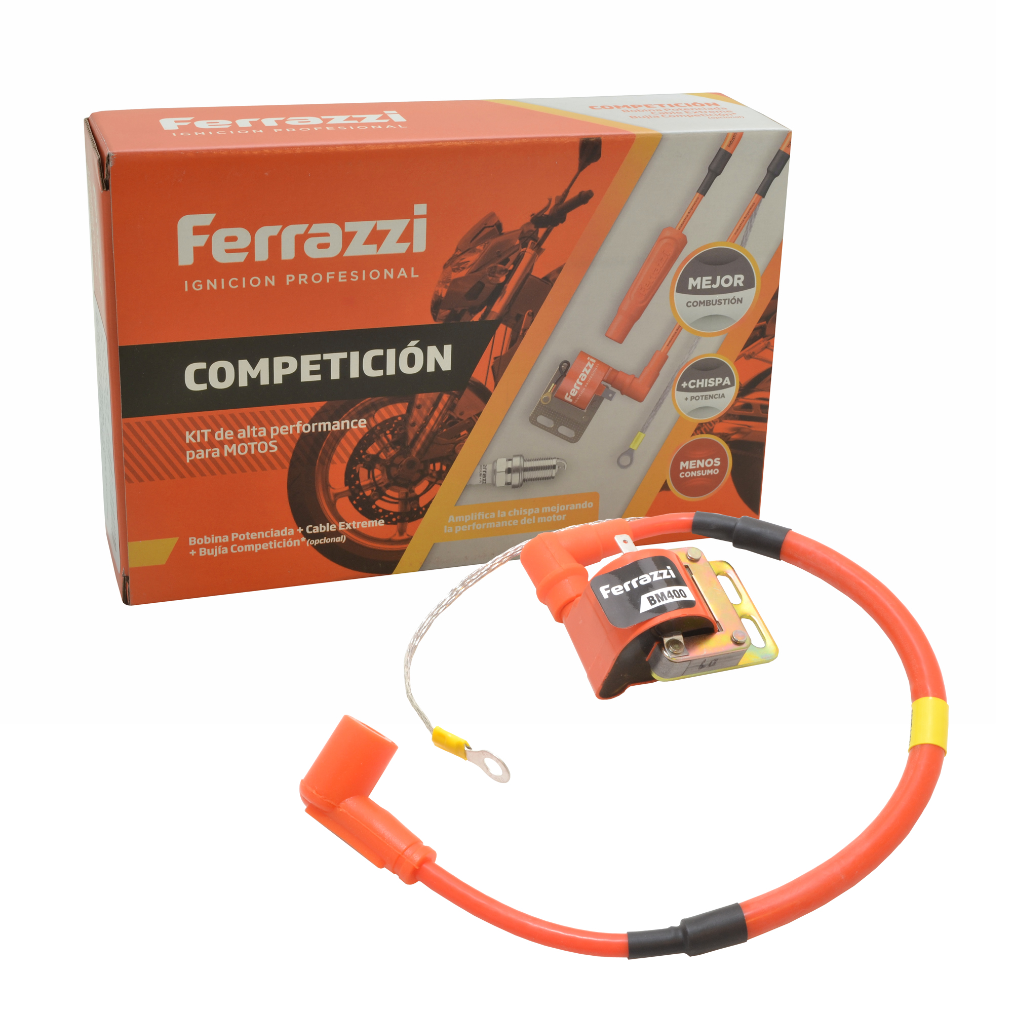 Kit Cable Bobina Competicion  + Potencia Chispa Moto Tornado Naranja